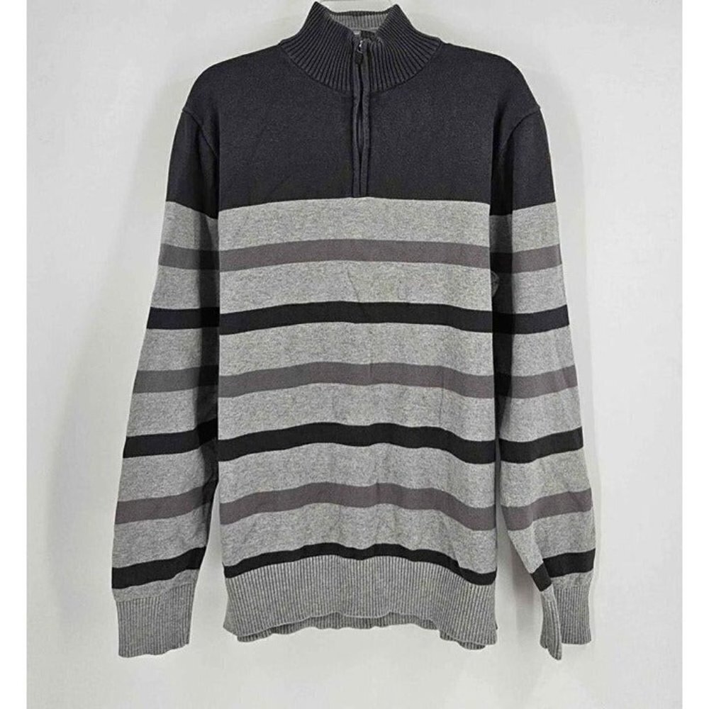 Eddie Bauer Mens Mock Neck Quarter Zip Striped Gray Sweater Outdoor Hiking Sz TL